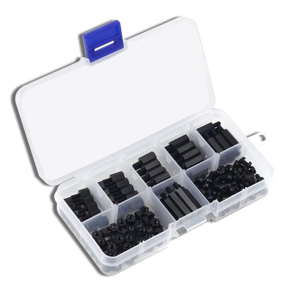 180Pcs M3 Black Nylon Spacers Hex Nut Screw Stand-off Plastic Accesories Assortment Kit
