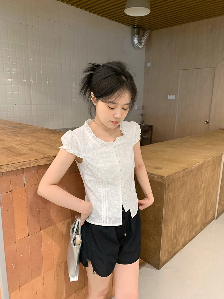 

Летний хлопковый топ Slim Fit с вышивкой и кружевом, корейская версия, новинка, однотонный, 100% хлопок