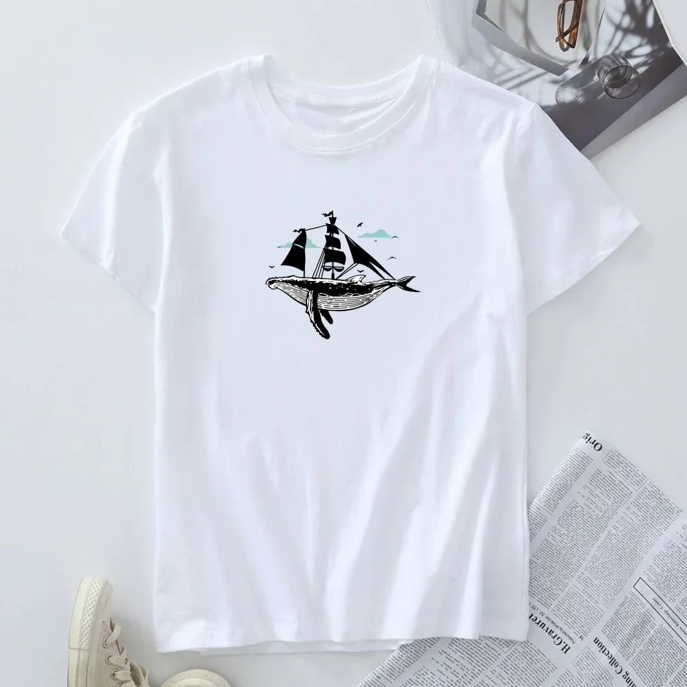 Plus Size T-shirt Women's Cotton Tees Summer Short Sleeve Tops Woman Clothing Female Tshirt Whale Sailboat Graphic T Shirts