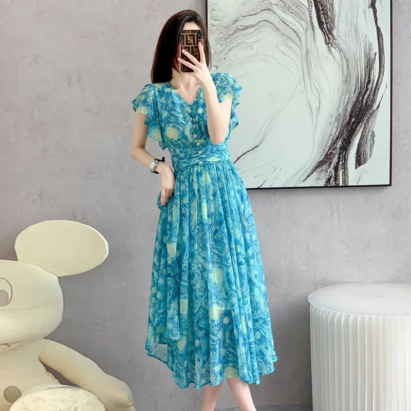 Summer Women Dresses Elegant Print Boho Beach Dress Temperament Sundress Short Sleeve Casual Elegance Dresses for Women Vestidos
