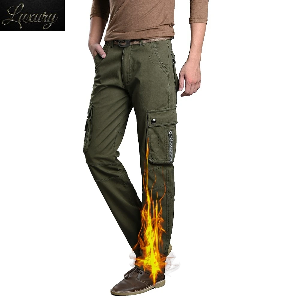 

Cargo Trousers Many Pocket Warm Winter Men Pants Cashmere Pant Long Straight Fit Fleece Thermal Casual Male Military Style