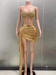 Mini vestido ajustado sin tirantes para mujer, Color dorado, Sexy, 2 piezas, Bar, cantante, club nocturno, fiesta, celebración, cumpleaños, venta al por mayor