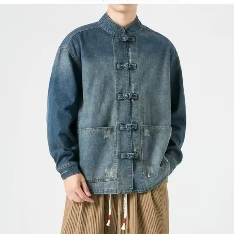 

Men's Denim Jacket Streetwear Stand Collar Single Breasted Casual Youth Tops Vintage Fashion 3D Spliced Pockets Loose Coats