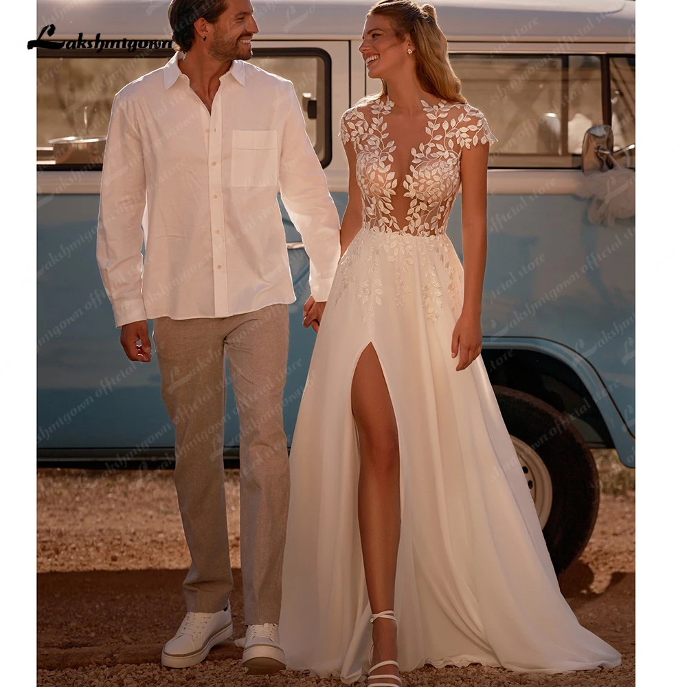 

Lakshmigown Sexy Sheer Illusion Lace Applique Boho Beach A Line Wedding Dresses Side Slit Custom Made 2025 Vestido De Noiva