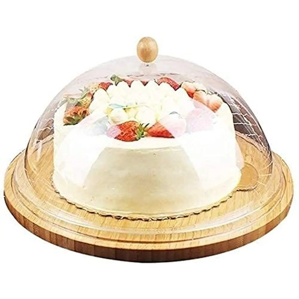 Wooden Cake Stand Tray Hotel Restaurant Dessert Display Chip & Dip Server 7/9/11/13 Inch Cake Holder with Plastic Lid Natural