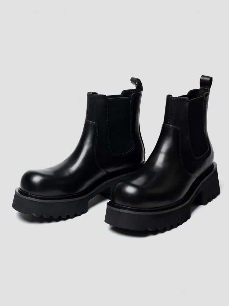 Mens Round Toe Thick Platform Chelsea Boots Slip On High Top Ankle Boots Cowhide Genuine Leather Work Shoes Winter Fleece Lining