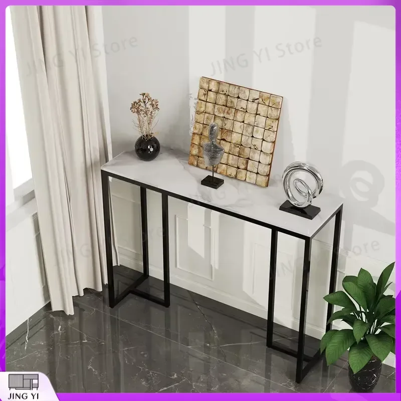 Narrow Entrance Console Table 1M Long Hallway Porch Sofa Table with Sintered Marble Top Black Metal Legs for Living Room
