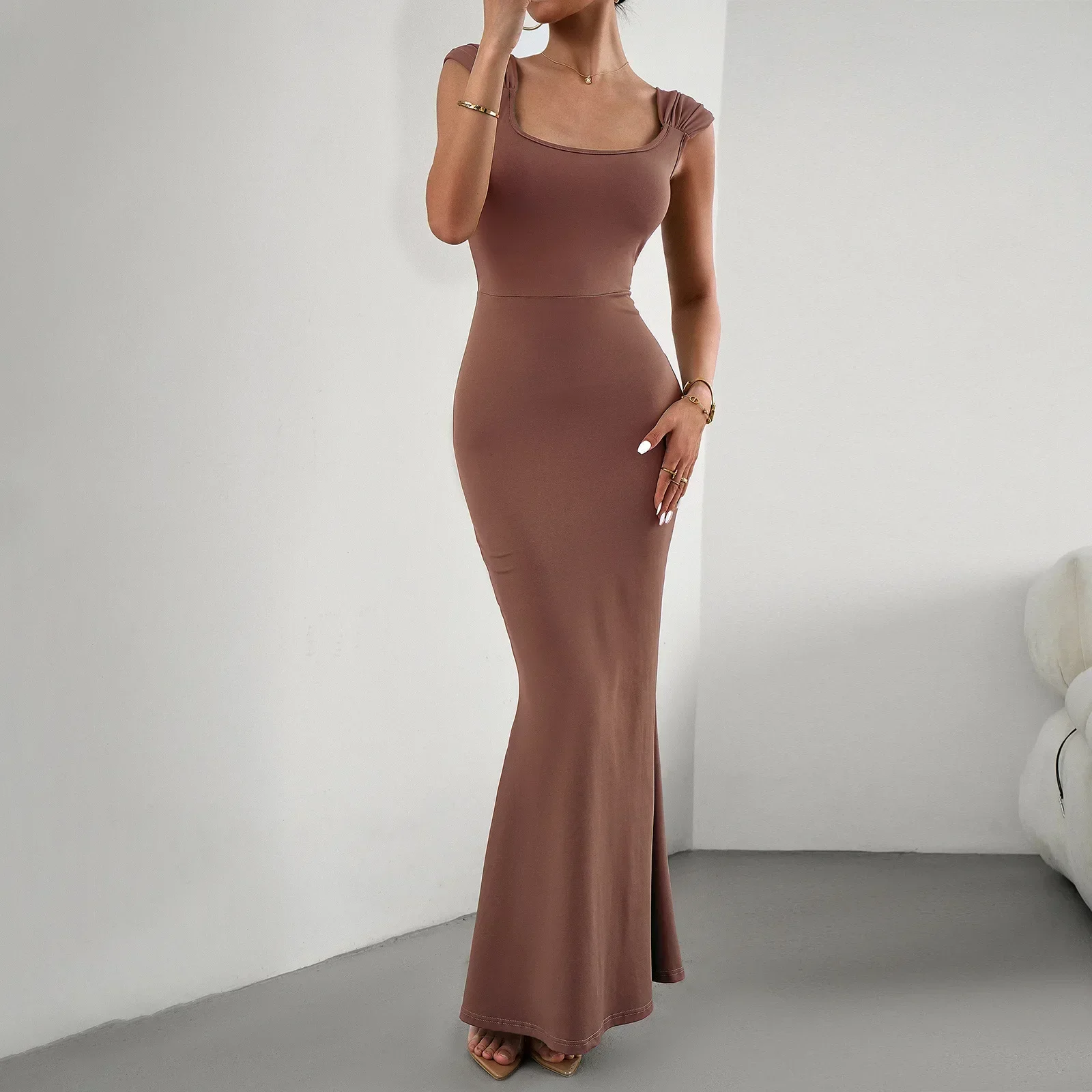 LIBIELIY Explosive New Summer Spice Girl Bag Hip Dress For Women Solid Color Squar Neck Slim-fit Dress Long Sleeveless Bodycon D