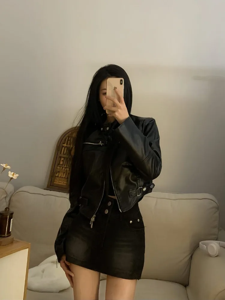 黒 PU ジッパーレザージャケット女性パンクスタイル因果ファッションレザージャケット夏のストリートハイストリートヴィンテージルーズコート