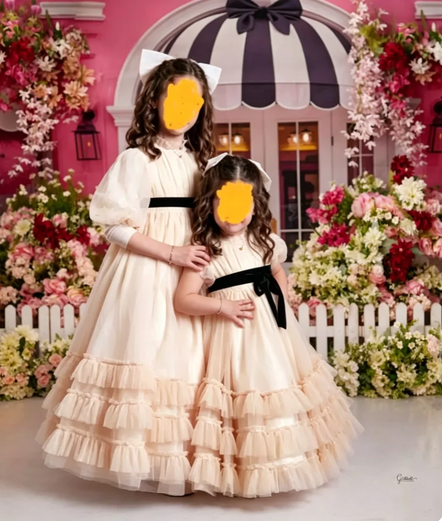 

Pink Flower Girl Dress for Wedding Applique High Neck Tulle With Belt Layered Kids Baby Birthday Party Custom Ball Teen Gowns