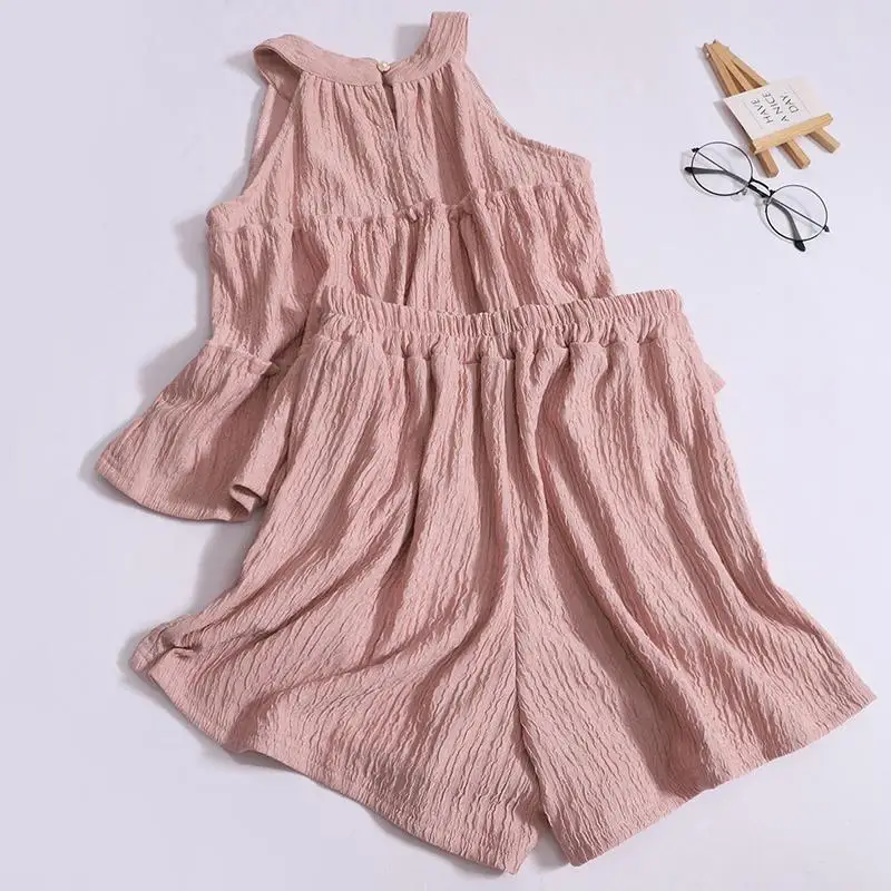 Fashionable Neck Hanging Ear Mushroom  Vest Top Elastic High Waist Slimming Wide Leg Shorts Casual Two Piece Set