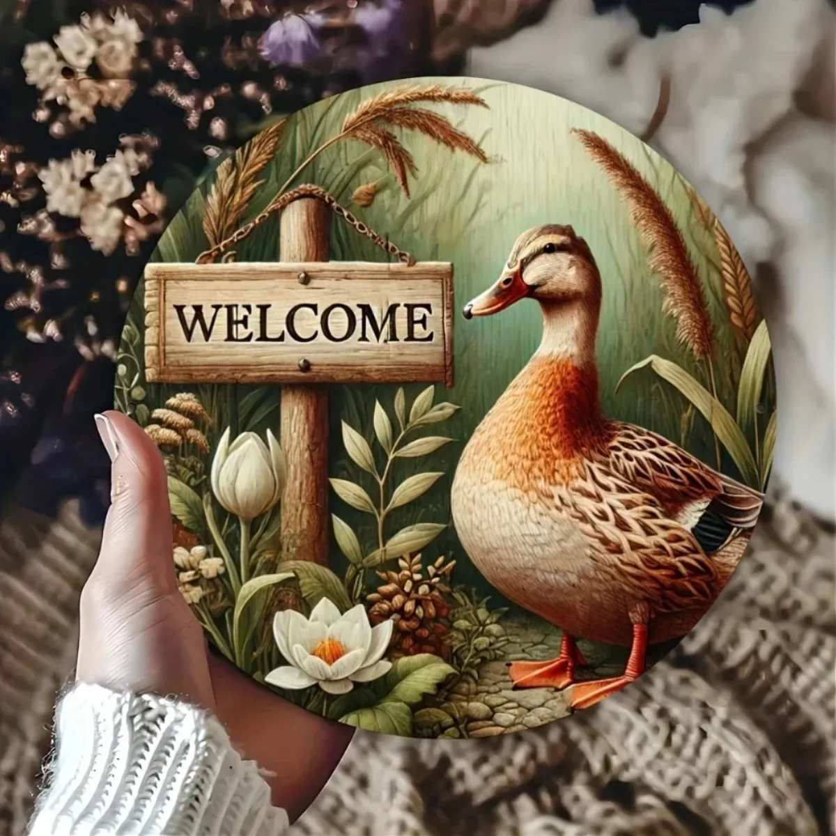 لافتة ترحيب تحت عنوان البط (تصميم ساحر): لوحة حديدية نابضة بالحياة لبيت المزرعة للحديقة والمتجر - هدية ديكور مثالية