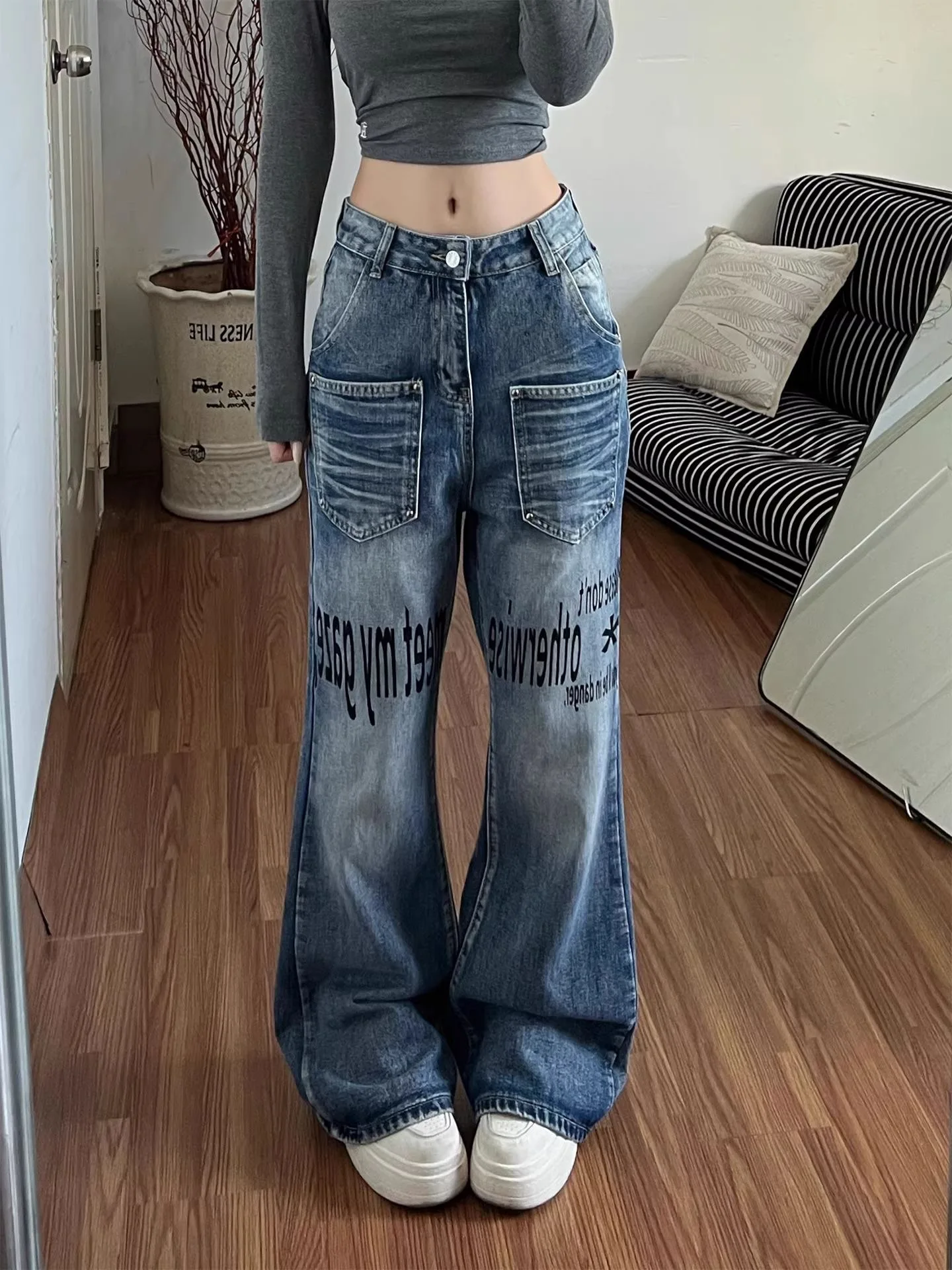 Retro new letter print micro-flare jeans for women spring and autumn  Harajuku Goth slim floor pants