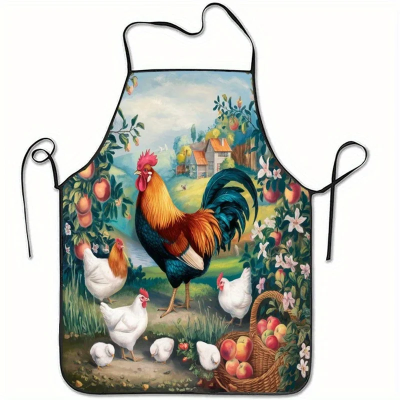 1 Pc Rooster And Chickens Orchard Print Polyester Apron Chicks And Fruits Perfect For Home Kitchen Baking And Cooking