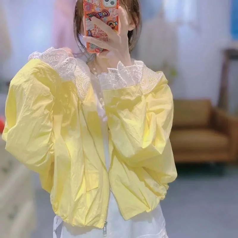 

Splicing Lace Sunscreen Hooded Jacket Female Fashion Wild Thin Cardigan Ladies Breathable Sun-Protective Coat Women Clothing Top