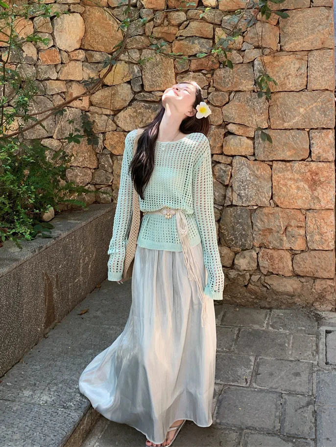 

Vacation Style Knitted Two-Piece Set Women's Spring Summer Gentle Personality Hollow Long Sleeve Sunscreen High Waist Skirt