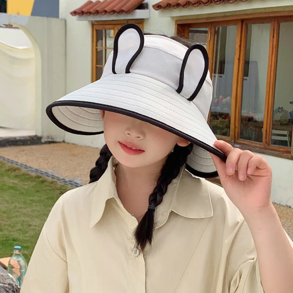 

Cute Korean Style Wide Brim Peaked Cap Adjustable Breathable Rabbit Ear Sunhat Sunscreen Cotton Children Fishman Hat Spring