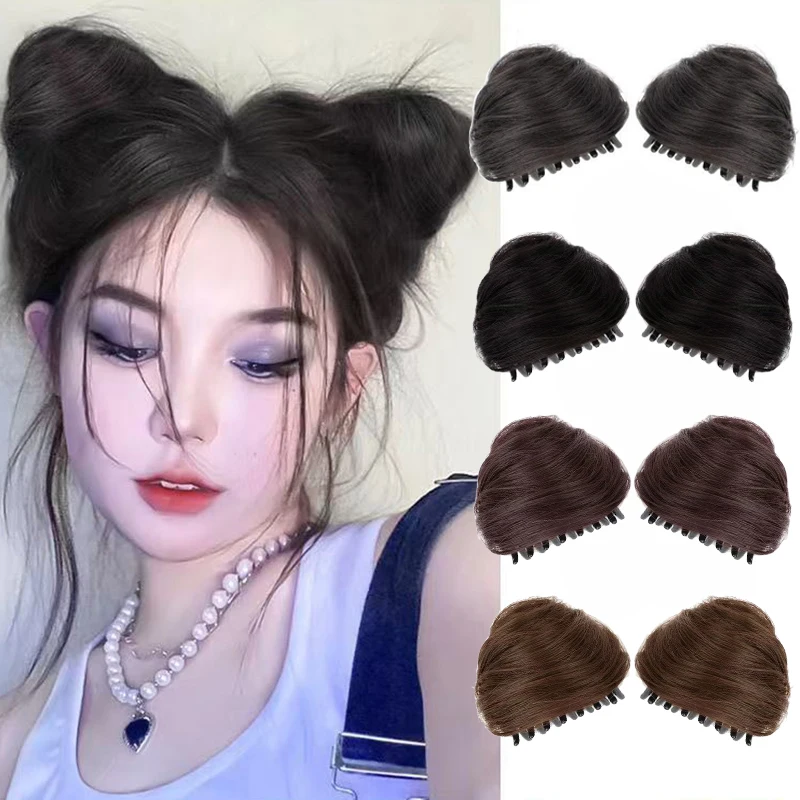 1pair Cat Ear Hair Bun Hair Claw Clip For Women Girls Synthetic Ball Head Hair Bun Wigs Straight Clips Party Hair Accessories