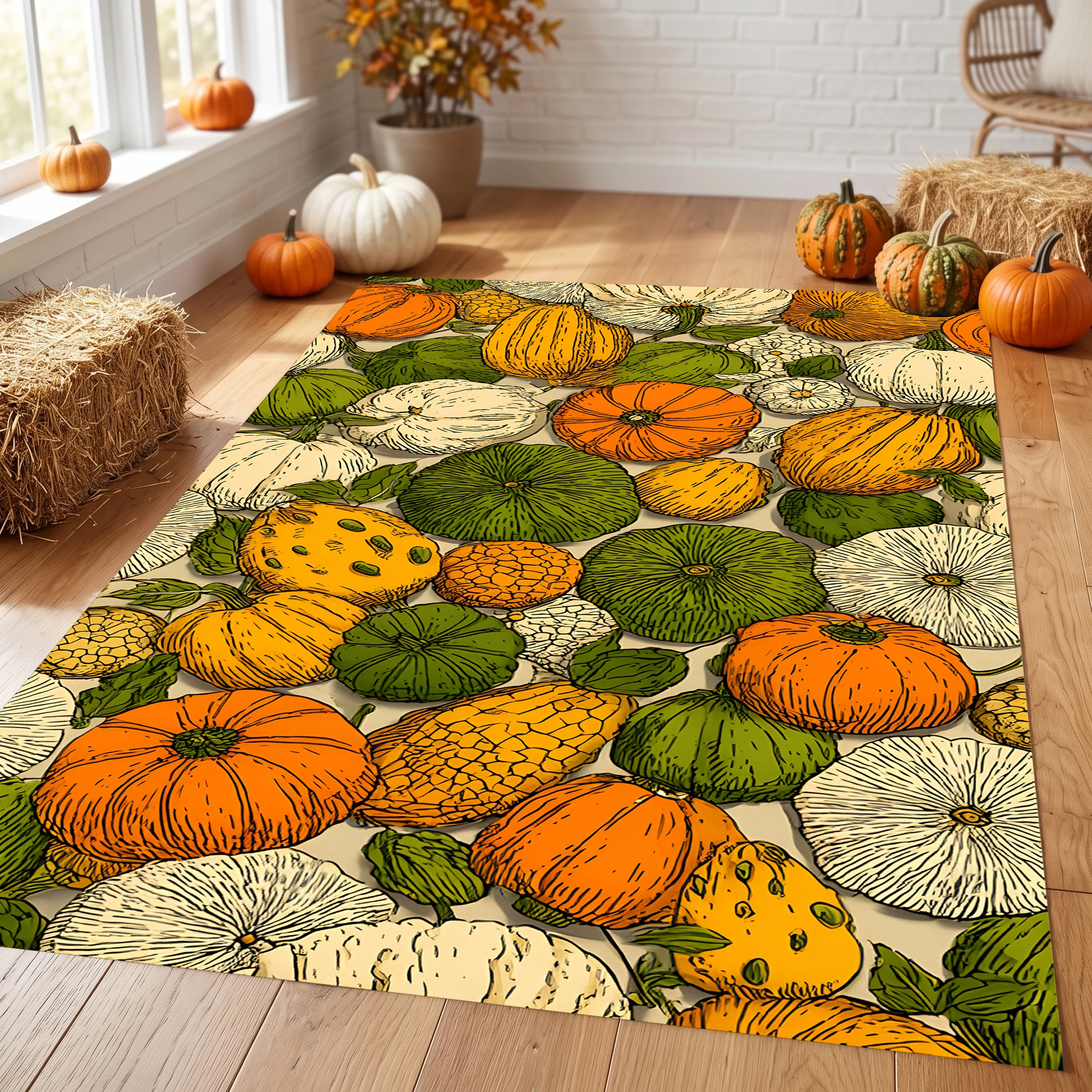 Velvet Rug Colorful Pumpkin Corn All over Retro Pastoral for Living Room Bedroom Bedside Entryway Decor