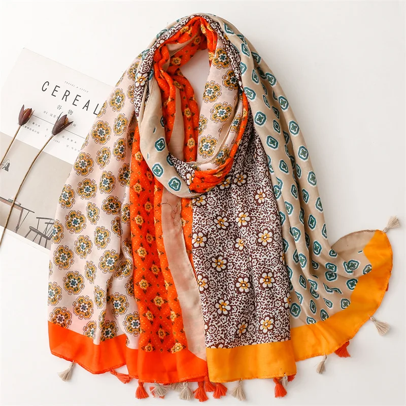 Thick Warm Cotton Scarf for Women Aztec Patchwork Floral Shawl Wraps Foulard Female Viscose 180*90cm Bufandas Soft Echarpe 2023