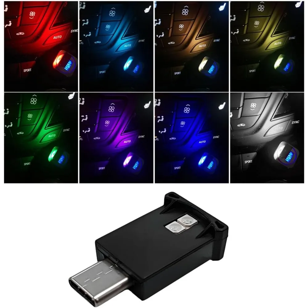 

usb type c led ambient light, adjustable brightness 8 color rgb led interior lighting, mini usb night atmosphere lamp for car ho