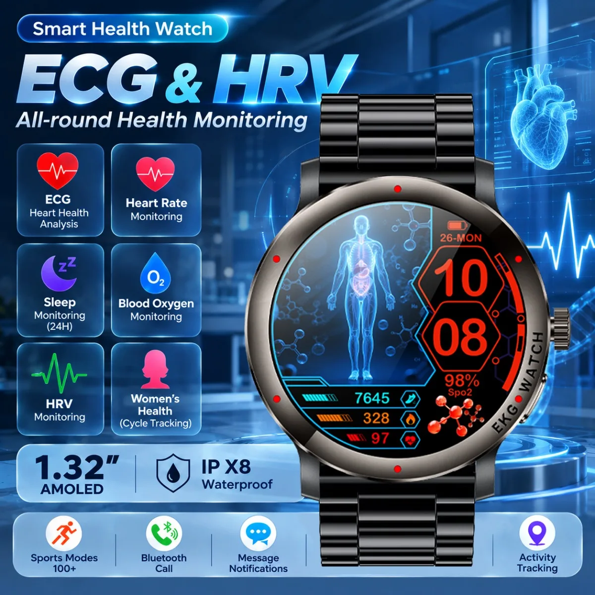 ECG Health Smart Watch Men:HRV Heart Health Blood Oxygen Blood Composition Analysis Bluetooth Call Smartwatch Women 2026 New