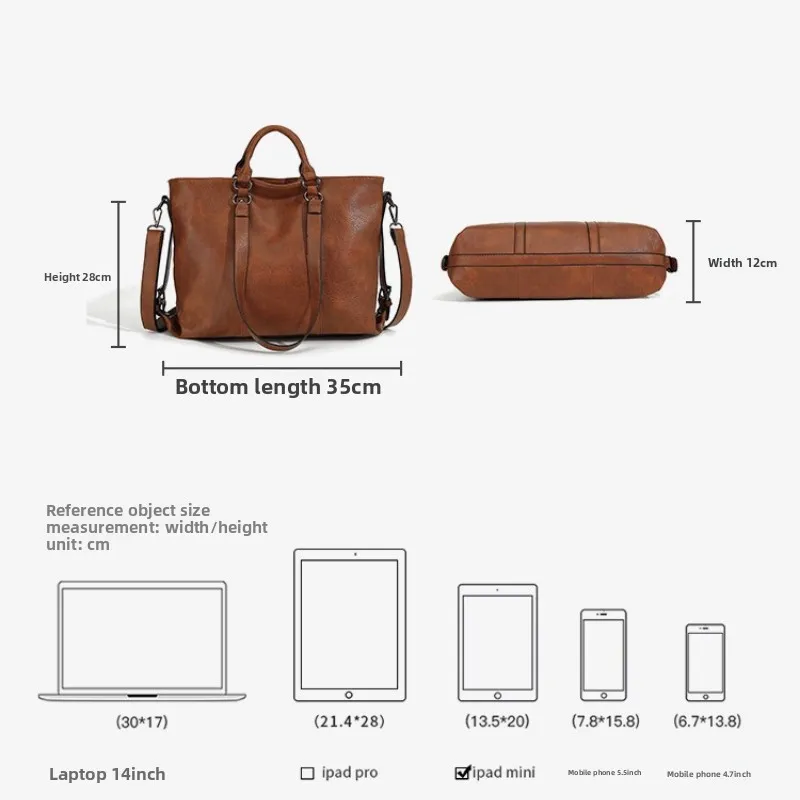 Vintage Brown Red Black Oil Wax Leather Tote Bag Women Large Capacity Shoulder Crossbody Bag With Detachable Strap - view 6
