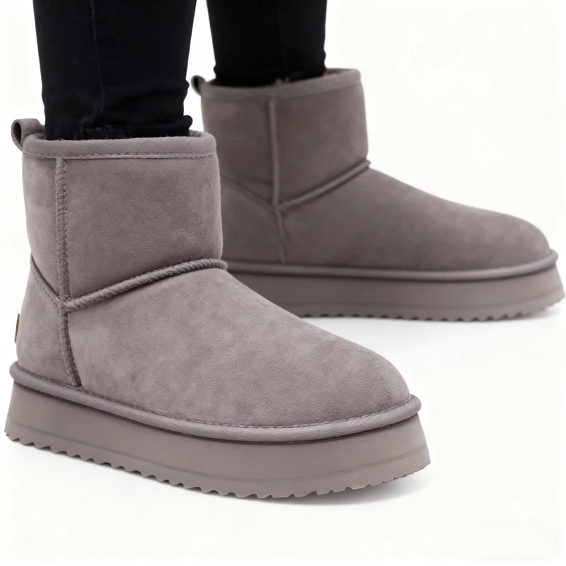 

Smile Women Suede Mini Boots Winter Outdoor Fur Lined Snow Boots Fashion Thick Soled Fluffy Wool Boots Women Genuine Fuzzy Boots