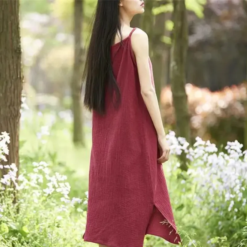 Summer 2026 New Spaghetti Strap Long Dress Women Cotton Linen Casual Dress Female Elagant Sleeveless Dress plus size 5XL