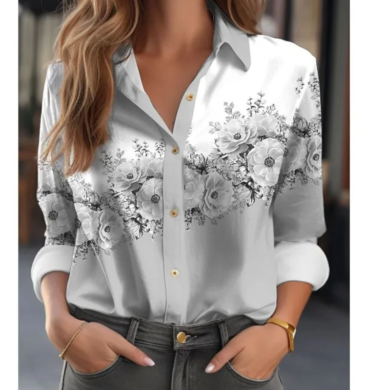 Casual estampado floral largo Sve irt cuello vuelto Street Sle mujer primavera Faion corte recto otro material 00%