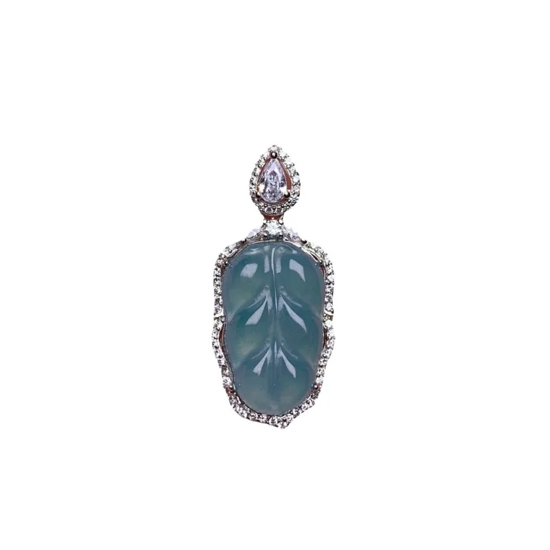 

Blue water jadeite inlaid with gold branches and leaves pendant necklace