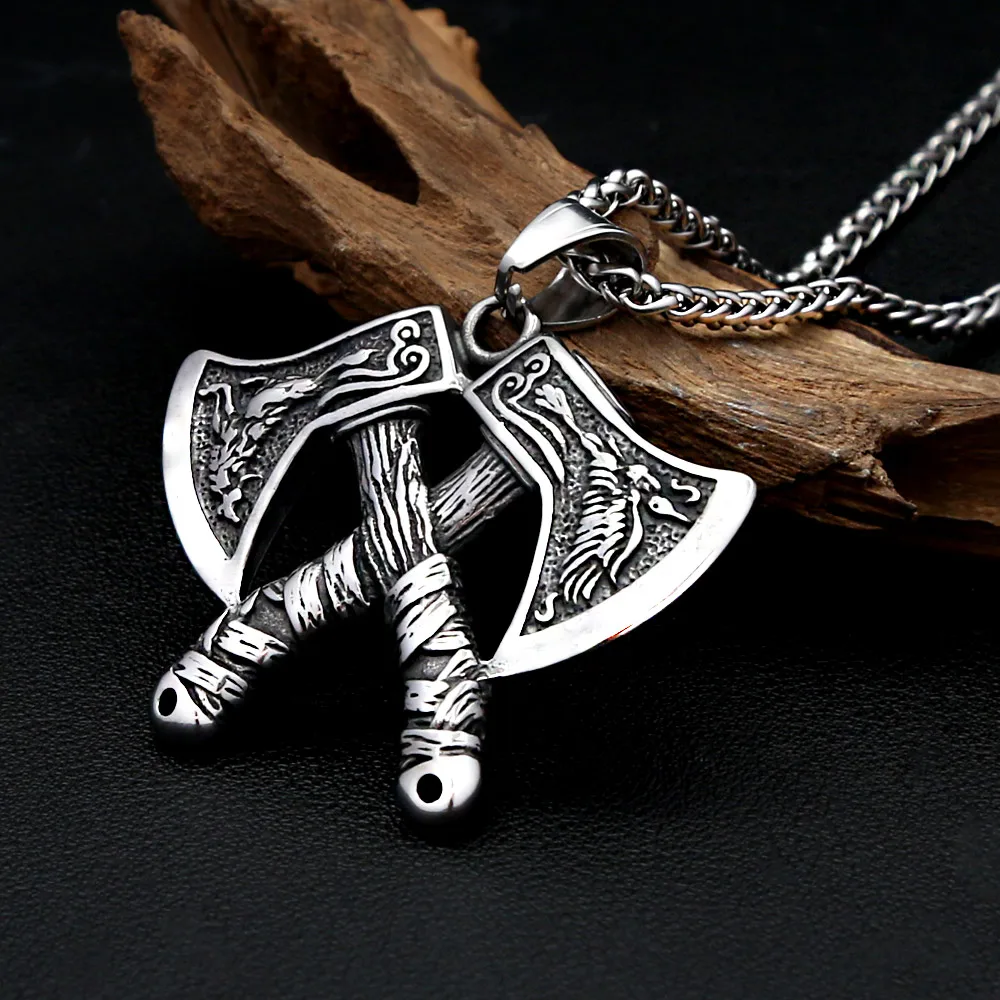 Viking Wolf Eagle Double Battle Axe Stainless Steel Pendant Necklace For Men Women Vintage Punk Biker Nordic Fashion Jewelry
