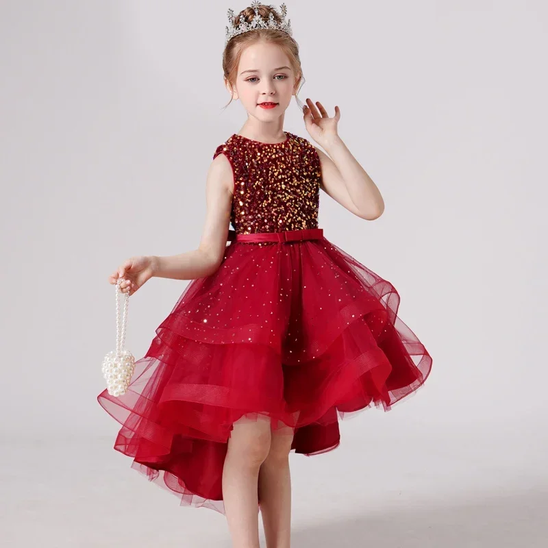 Girls Dress 2024 Summer New Evening Dresses Sleeveless Sequined One-Piece Princess Tail Skirt For Piano Performance