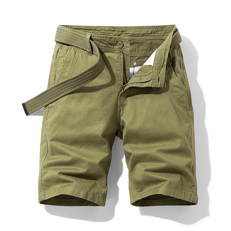 Traveling Comfy Breathable 100% Cotton Male Knee Length Shorts Straight Solid Casual Mid-Waist With Belt Safari Shorts For Man