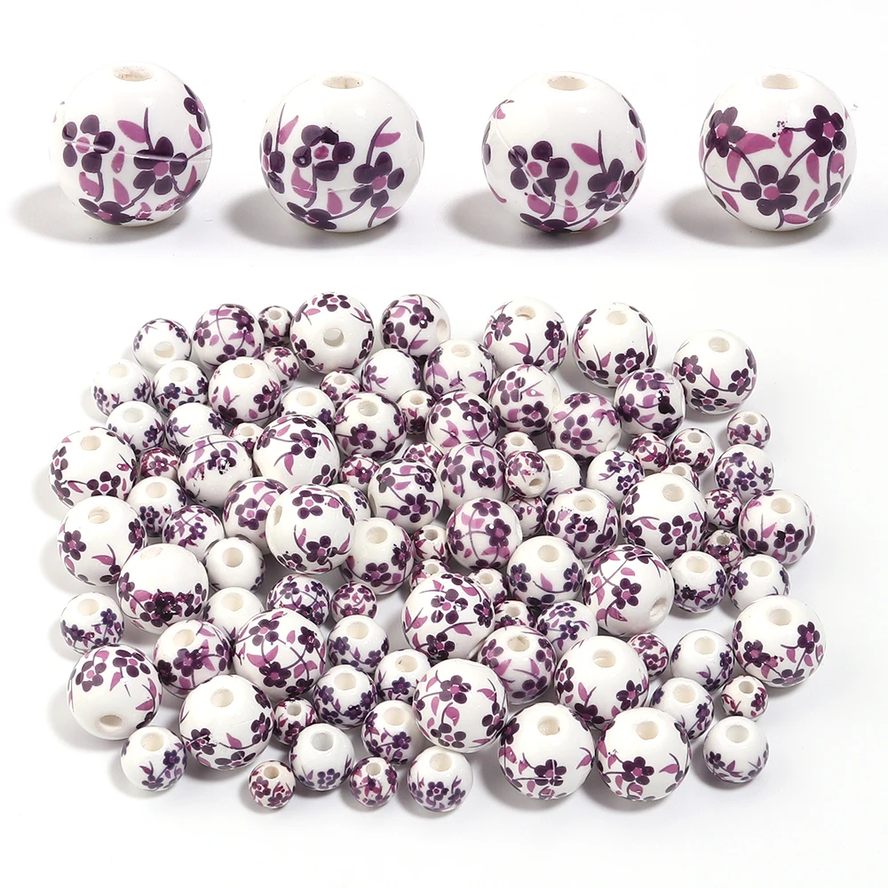 20-30pcs 6 8 10 12mm Jingdezhen Ceramic Beads Purple Flower Pattern Round Loose Beads For DIY Jewelry Making Necklace Bracelet view 3