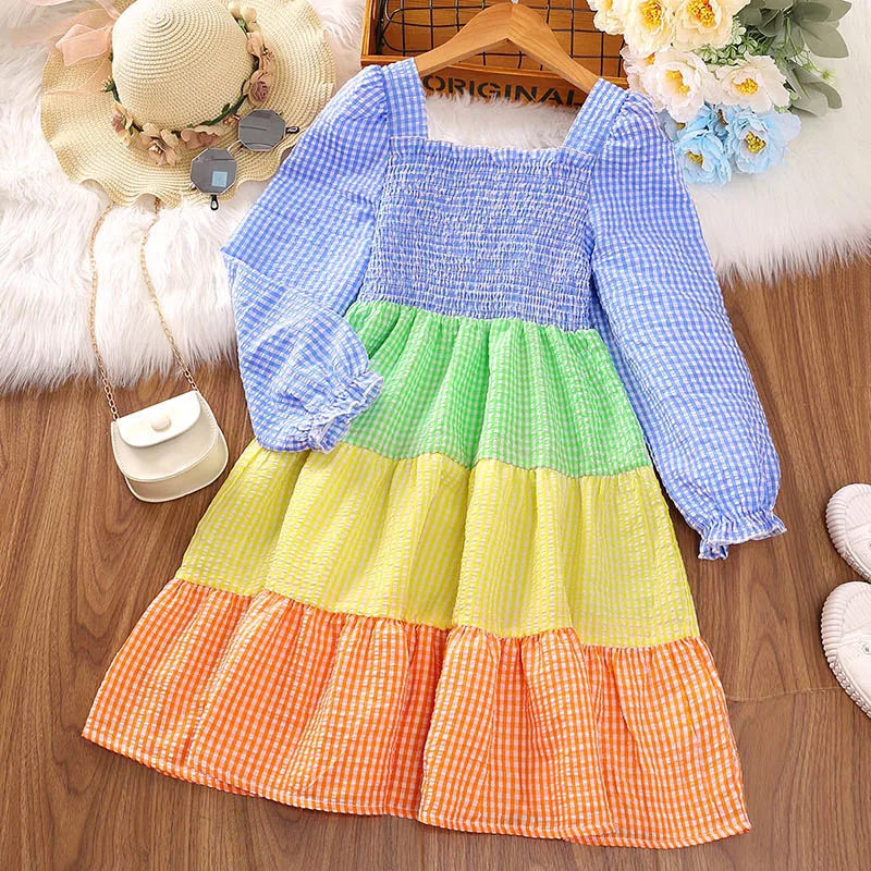

Летнее платье с квадратным воротником и длинными рукавами для девочек 8-12 лет, трехцветная юбка длиной до колена, милая и милая
