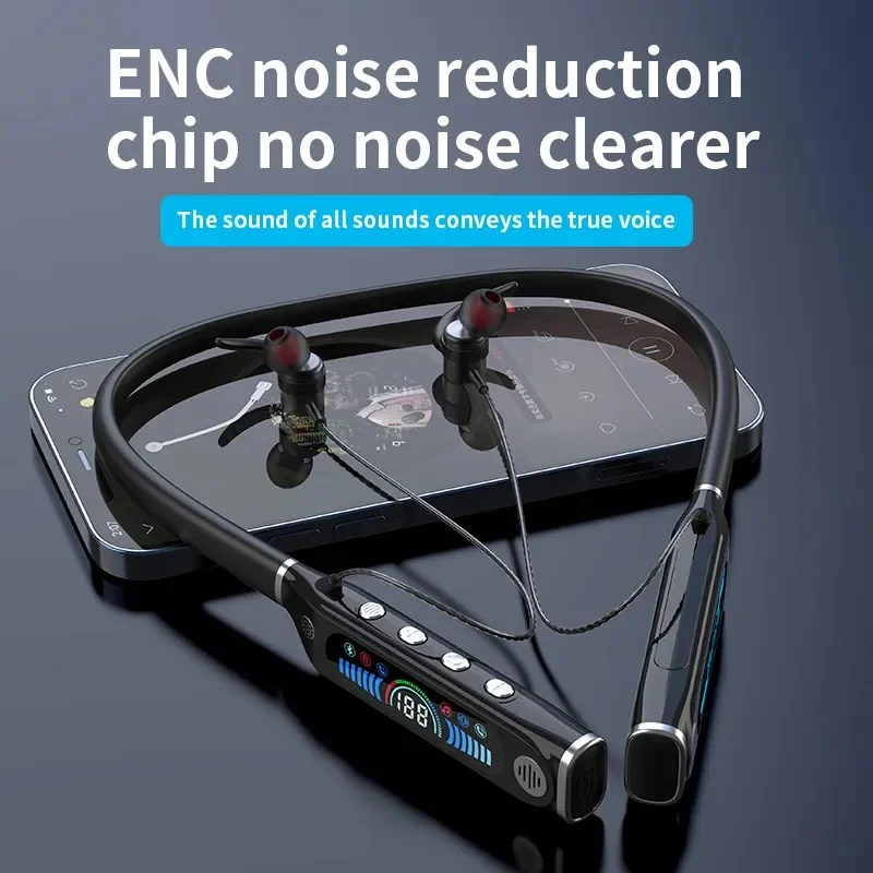 Auriculares ENC deportivos de reproducción Extra larga con micrófono, auriculares deportivos para colgar en el cuello, auriculares estéreo para correr con pantalla Lcd