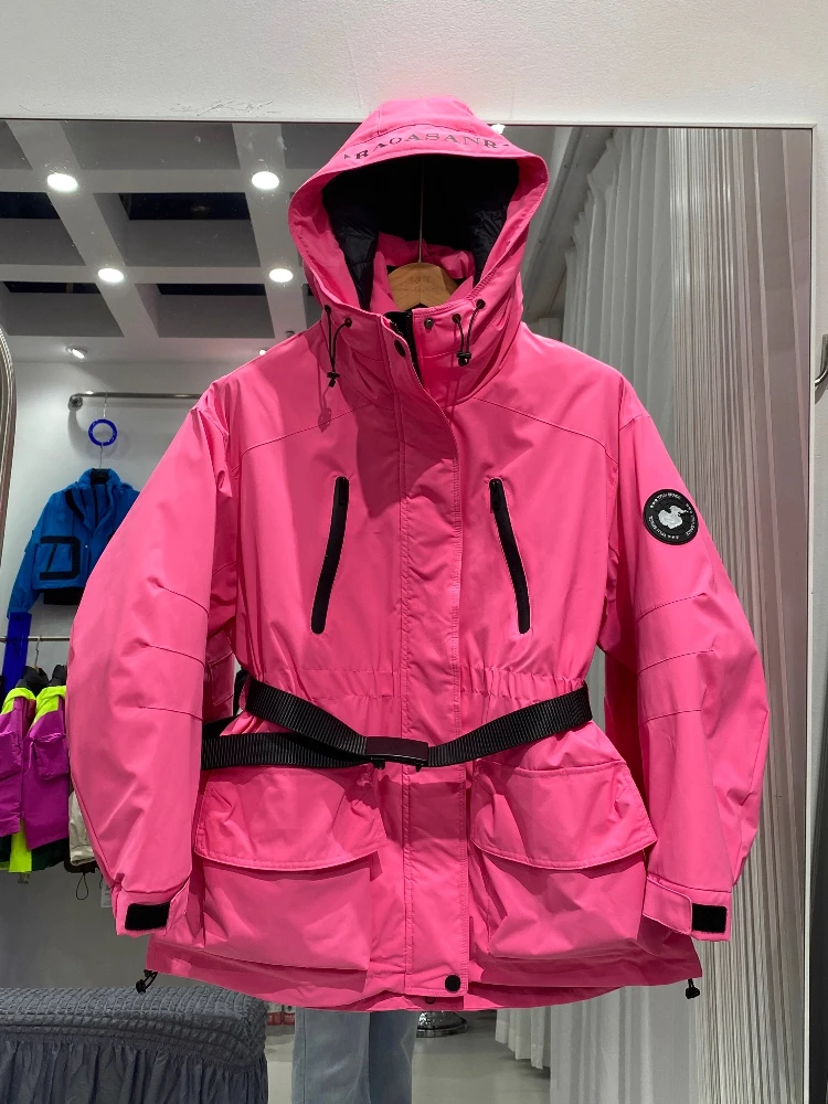 

Outdoor Snow Hooded Down Jacket Women Mid-Length With Belt Parkers 2025 Thickened Warm Tight Waist Contrast Winter Puffer Coats