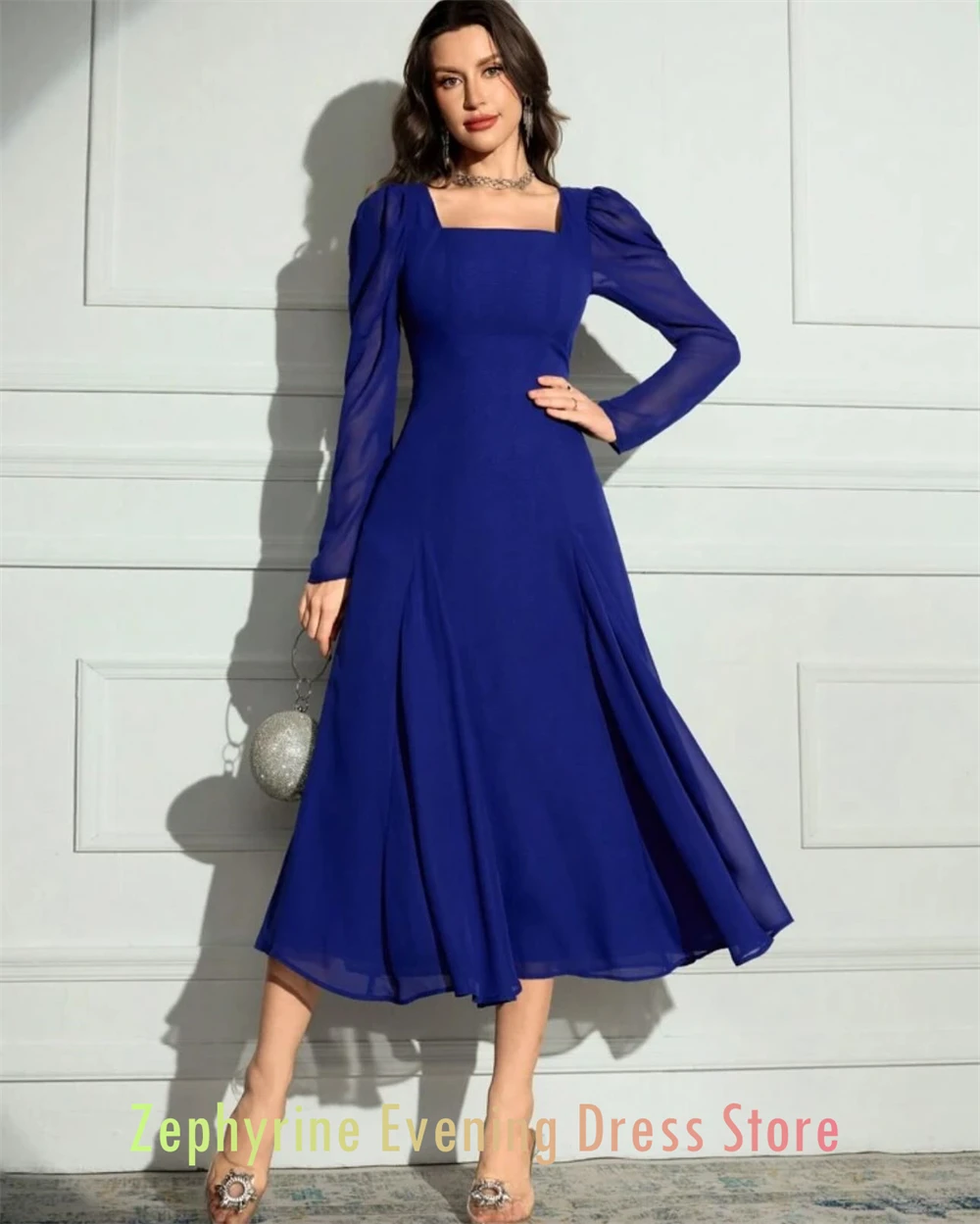 Robe de soirée en mousseline de soie bleue Simple personnalisée, col carré formel, manches longues, robes de soirée, robes d'occasion spéciale à la mode