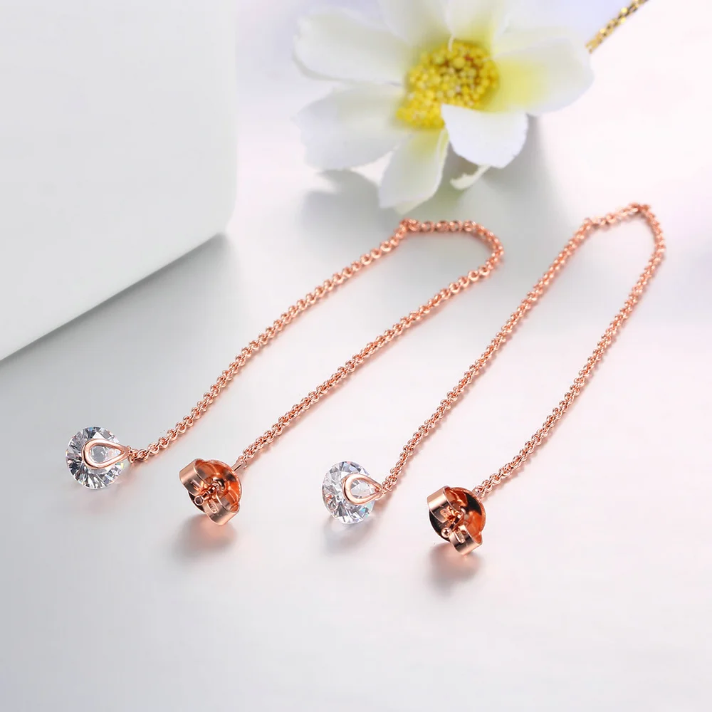 Long Hanging Drop Line Earrings For Women Rose Gold Color Zircon Crystal Piercing Threader Earing Ear Accessories Jewelry