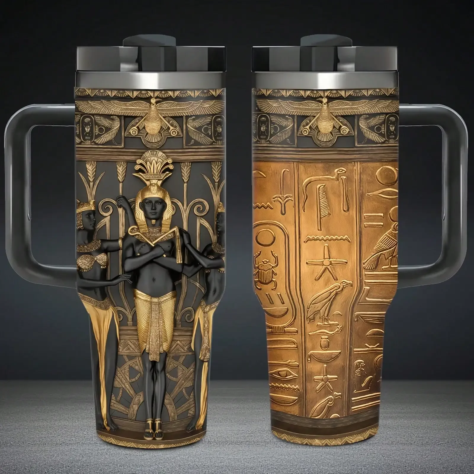 40oz Ancient Egyptian Pharaoh Hieroglyph Tumbler with Handle, Black Gold Embossed Style Stainless Steel Vacuum Insulated Travel Cup with Flip Lid, Large Capacity Leakproof Car Water Mug Gift for History Lovers