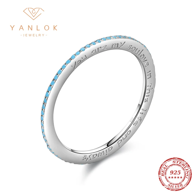 

YANLOK Blue Turquoise Carving Letter 925 Sterling Silver Finger Ring for Women Romantic Love Ring Fashion Jewelry 2021 New