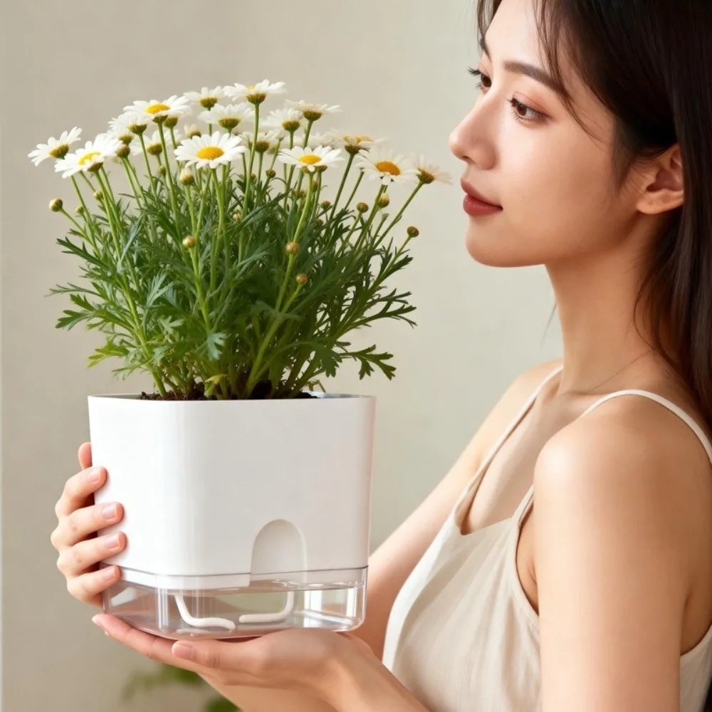 Square Shape Self Watering Plant Pots Drainage Hole Patchwork Flower Planters Plastic 2-Layer Design