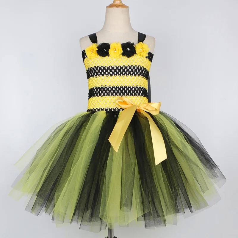 Little Bee Tutu Dress for Girls Halloweeen Cosplay Costume Tulle Flowers Kids Holiday Party Honeybee Fairy Fancy Dress Up Outfit