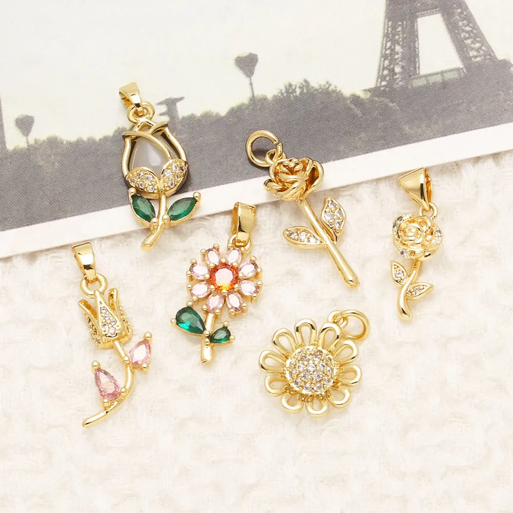 OCESRIO White Crystal Rose Daisy Pendant for Necklace Copper Gold Plated Tulip Flower Bag Charm Jewelry Making Component pdta636