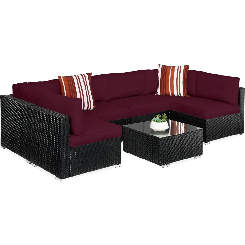 

Bestseller7-piece modular outdoor sectional wicker patio conversation set w/ 2 pillows, coffee table, cover included - black/dee
