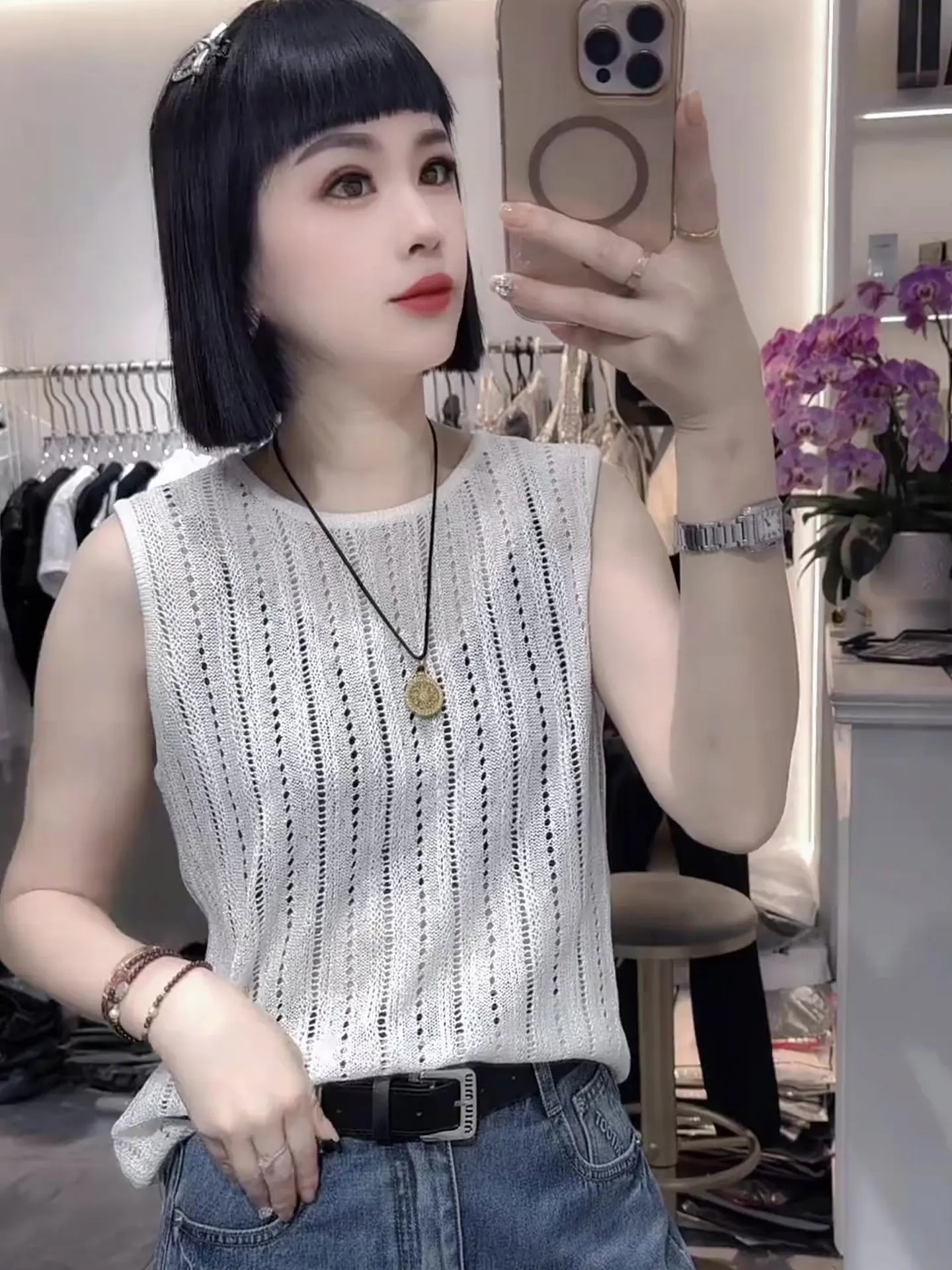 

Тяжелая промышленность, дышащий вязаный топ из ледяного шелка, круглый жилет Ne, удобный женский летний модный персональный сгусток...