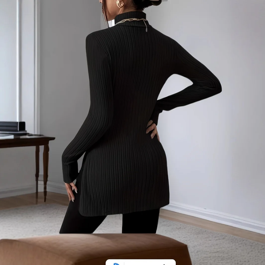 Novo pulôver de gola alta feminino fenda camisa de fundo pit strip camiseta superior de comprimento médio para mulher