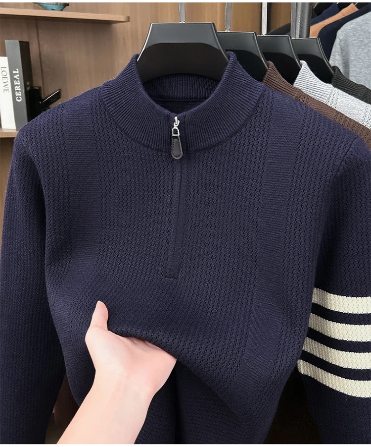 Hochwertige Reißverschluss Kragen Pullover Männer Neue Trend Persönlichkeit Streifen Zipper Herbst Winter Komfort Warm Stricken Sweater – Detail 12