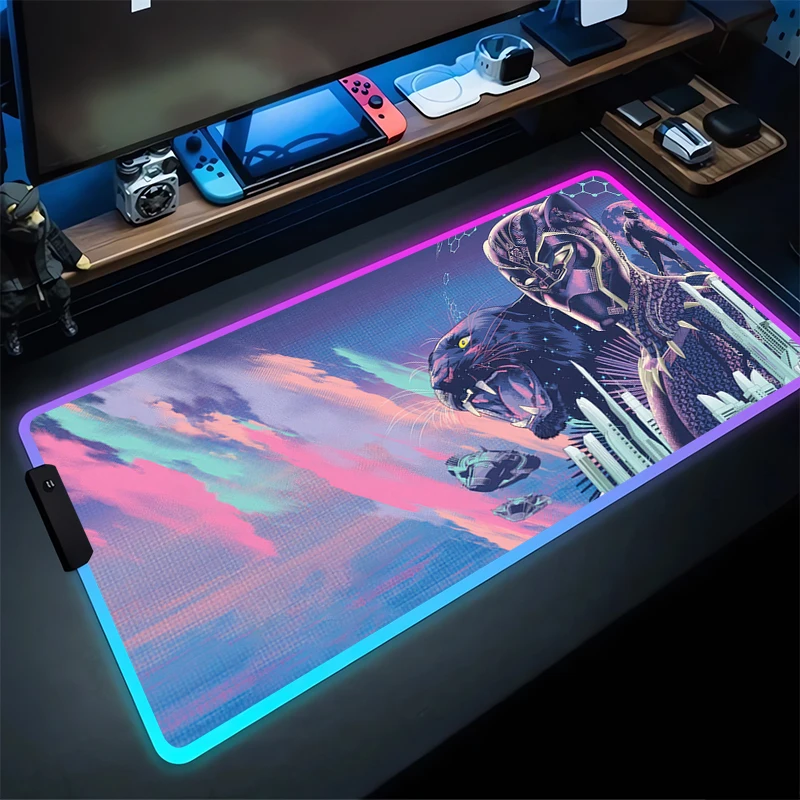 RGB Gaming Mouse Pad B-Black Panthers Desk Mat HD Gamer Accessories Large LED Light MousePads PC Computer Carpet With Backlit